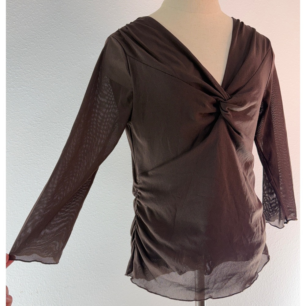 VTG 90s Y2K Nine West Brown Mesh Twist Front Babydoll Top Ruched Boho Cottage M